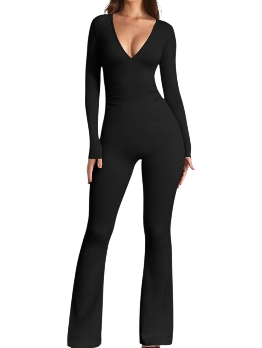 OQQ Med New Long Sleeve V-Neck Black Jumpsuit Flare Leg
